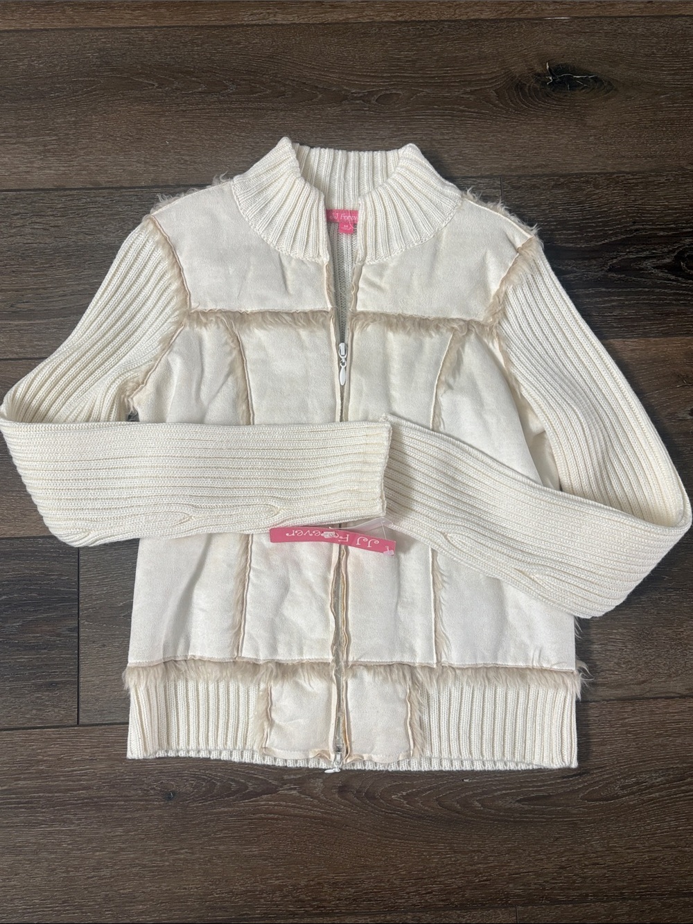 Cream Faux Suede and Fur Zip Sweater